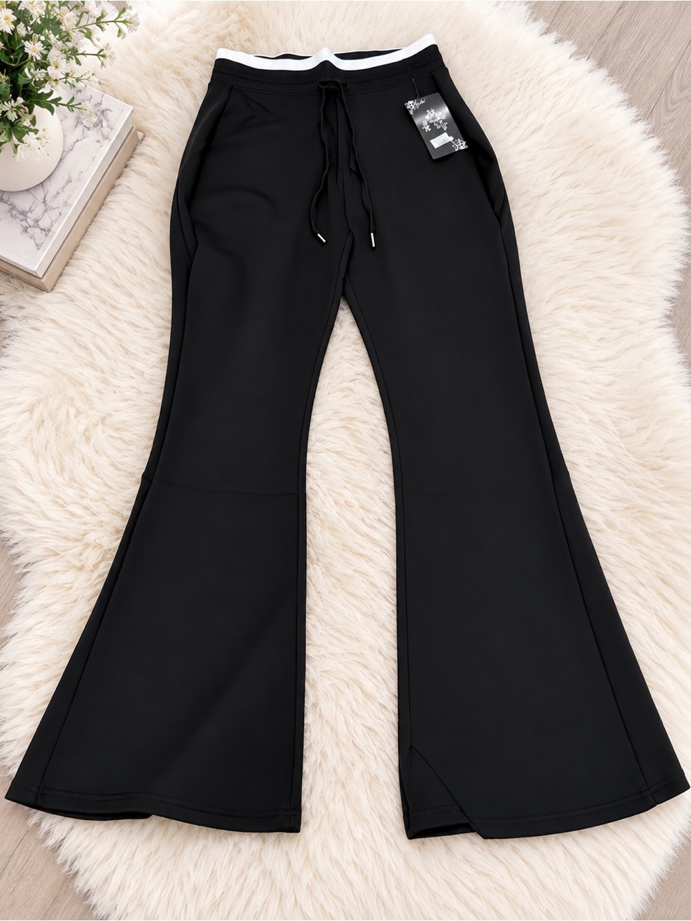 Black Boot-Cut Flare Knit Pants with Contrast Waistband